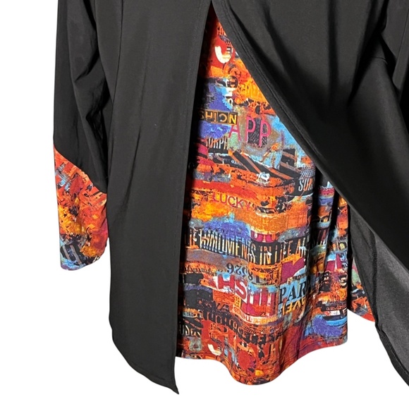 Ali Miles Slinky Black Tunic Top Size Large Colorful Trim Cowl Neck Lagenlook - Picture 3 of 9